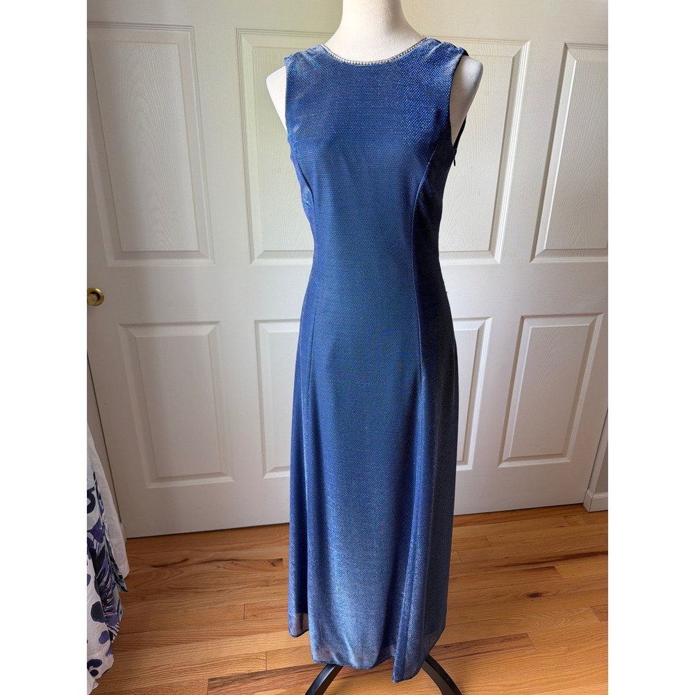 Vintage 90s Y2K Maxi Dress Size 4 Blue Metallic Sparkly Rhinestone Hoco Formal